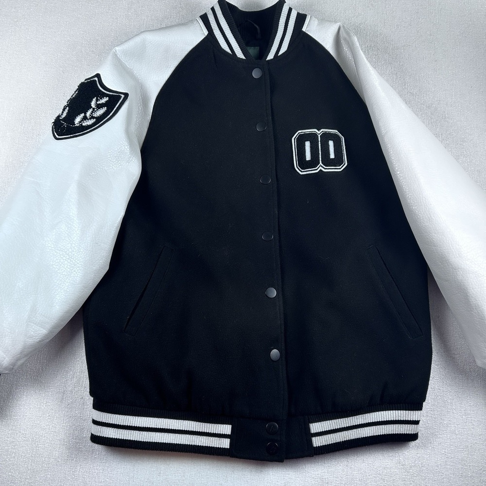 Wild Fable Varsity Jacket Black Bomber Women's size XS Faux‎ Leather Sleeves
